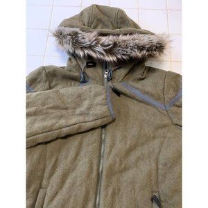 prAna Womens Coat Size Medium Green Faux Fur Hooded‎ Jacket Poly-Wool Blend